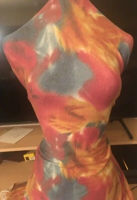 1-yard - 10" KNIT STRETCH TIE DYE PRINT BURGUNDY, TEAL & GOLDENROD  Colors/Tones - Image 1 of 3