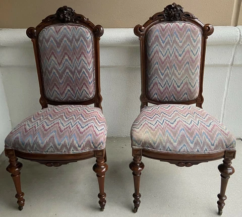 American Renaissance Revival Carved Rosewood Side Chairs on Casters, Set of 2 Cover