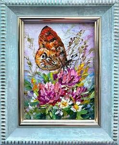 Butterfly Clover Original oil painting Mini art framed 3х2.5inch - Picture 1 of 6