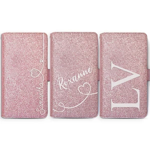 Personalised Initial Pink Glitter Phone Case PU Leather Cover For Sony/Google - Picture 1 of 10