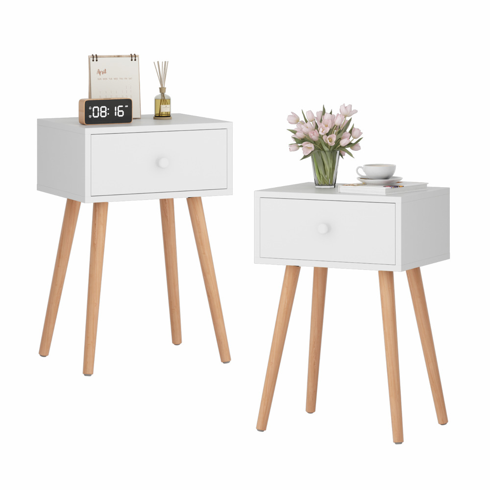 Set of 2 Modern Wood Nightstand Bedside Table with Drawer for Bedroom White