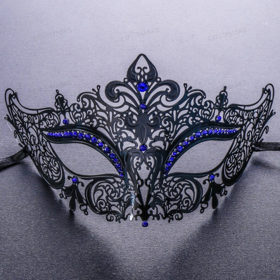 Black Blue Rhinestones Luxury Laser Cut Filigree Women Party Eye Mask Masquerade - Image 1 of 3