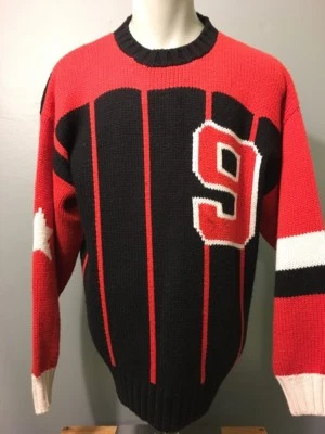 Suéter De Colección Años 80 90 Rojo Negro Salvaje Loco Para Hombres L Feo Fiesta de Vacaciones Cuello Redondo Lana Foto 1 de 4