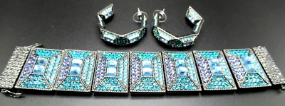 Hermoso juego de pendientes de pulsera pesada de diamantes de imitación púrpura y azul Foto 1 de 4