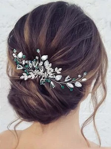 Rhinestone Bride Wedding Hair Comb Silver Leaf Crystal Bridal Hair Piece Flow... - Picture 1 of 7