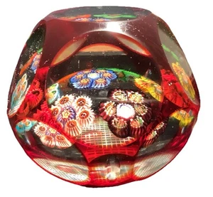 Large Vintage Murano Art Glass Ruby Cut Faceted Millefiori Rondelle Paperweight - Picture 1 of 6