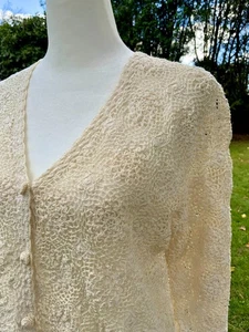 1950s Hand-Crocheted Ivory Lace Cardigan - Vintage Crochet Cargigan - Bridal Top - Picture 1 of 17