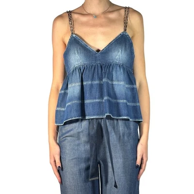 NUEVA CAMISETA SIN MANGAS DONDUP Micro Cuentas Correas Denim Babydoll en Niveles Azul IT 42 US 6 Foto 1 de 4