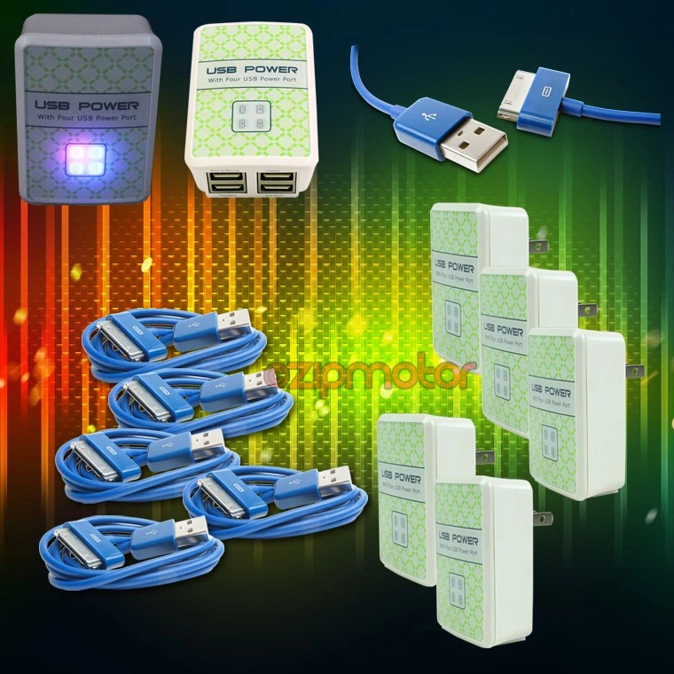 5X 4 USB PORT HUB WANDADAPTER + 10FT KABEL LADEGERÄT DATEN BLAU FÜR IPHONE IPOD IPAD - Bild 1 von 1