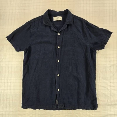 Abercrombie & Fitch Mens Button Front Camp Shirt Linen Cotton Blend Navy Blue M - Image 1 of 4