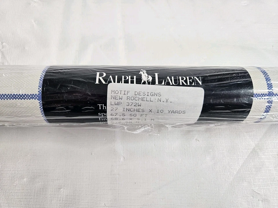 Papel Pintado De Colección Ralph Lauren Azul Jazmín Blanco Cuadrícula Rayas 67.5 pies cuadrados 27" x 10 yardas Foto 1 de 4