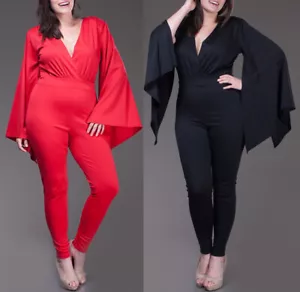 Plus Size Wide Kimono Sleeve Skinny Leg Jumpsuit Pantsuit Outfit Black Red - Picture 1 of 12