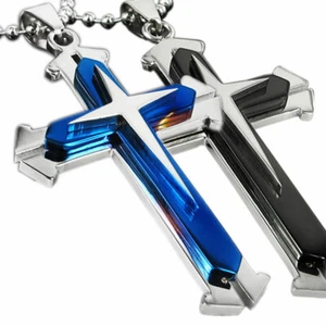 Vintage Herren Schmuck Edelstahl drei Schichten Kruzifix Kreuz Halskette Anhänger - Bild 1 von 13