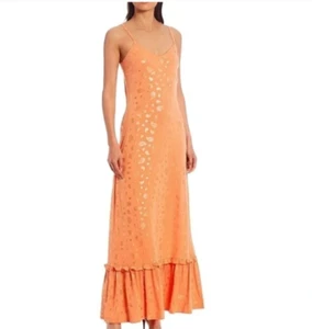 MICHAEL KORS Orange & Gold Paisley Stretchy Maxi Dress Ruffle Hem Petite P S NWT - Picture 1 of 8