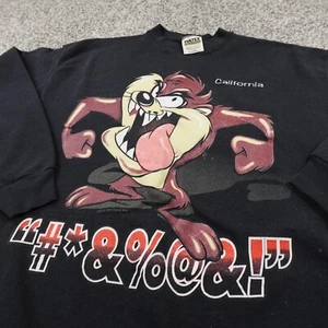 VTG Looney Tunes Sweater Mens L Black Taz Warner Bros Crewneck Sweatshirt 90s - Picture 1 of 12