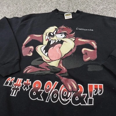 VTG Looney Tunes Sweater Mens L Black Taz Warner Bros Crewneck Sweatshirt 90s - Image 1 of 4