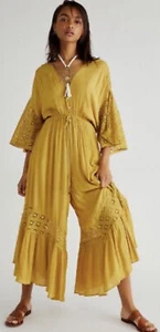 Free People Summer Angela Jumpsuit Crochet Lace Ruffle Mustard Yellow XSmall - Picture 1 of 6