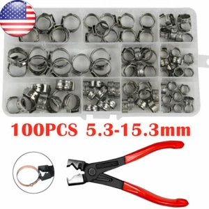 100X Assorted Hose Clamp Stainless Steel Ear Cinch Rings Crimp Pinch Set Pliers - Picture 1 of 16