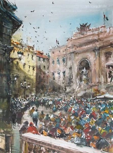Painting Watercolor Original Rome Architecture Fontana Trevi City Scene 20x16in - Picture 1 of 9