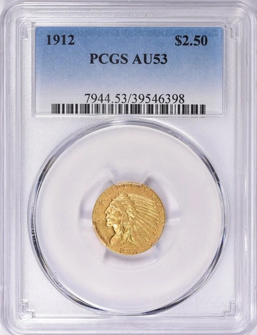 1912 INDIAN HEAD $2.5 QUARTER EAGLE GOLD PCGS AU53 Cover