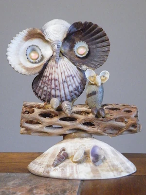 Vintage OWLS on BRANCH SEA SHELL 7" SCULPTURE Handmade FOLK ART Primitive - Image 1 of 4