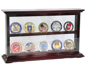 Vitrina de monedas de 10 desafíos vista transparente cerezo militar soporte caja de sombra de madera - Imagen 1 de 13