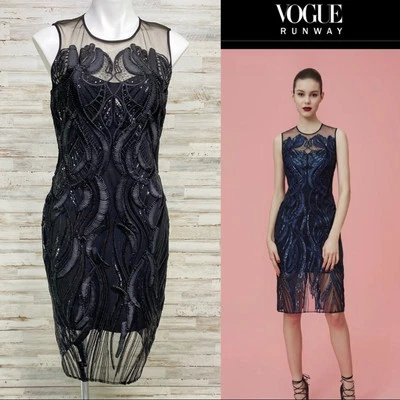 Vestido de cóctel Marchesa Notte Runway Collection malla lentejuelas para mujer talla 4 negro Foto 1 de 4