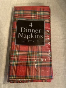 Holiday Set Of (6) Red Tartan Plaid Cloth Dinner Napkins 17”x17” Gold Sheen - Picture 1 of 4