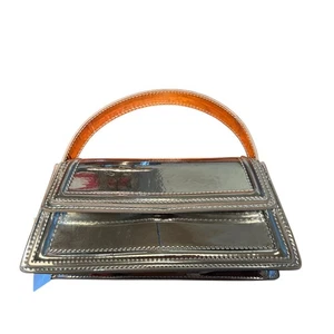 Zara Damen kleine City Tasche glänzend metallic silber Handtasche rechteckig Steppnähte - Bild 1 von 13