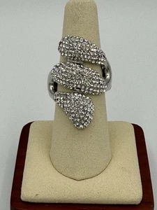 Silver Tone Stretch Ring Layered Leaf Pave Rhinestones Statement Cocktail - Picture 1 of 8