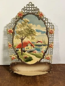Vintage German Die Cut Paper Cardboard Embossed Display Swans House Lake �� - Bild 1 von 10