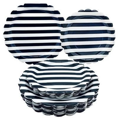 Juego de 100 platos de papel festoneado a rayas para suministros de fiesta en blanco y negro de 9" y... Foto 1 de 4