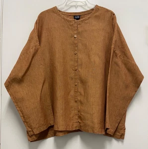 BLUSA EILEEN FISHER-Óxido Marrón Crosshatch Lino Manga Larga Abotonada Funciona Grande L - Imagen 1 de 8