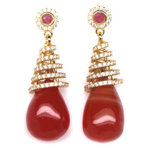 925 Sterling Silver 12 x 17 mm. orange Agate, Ruby & Cubic Zirconia Earrings - Picture 1 of 4