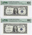 New Listing1935D $1 Silver Certificates, Reverse Changeover Pair, Pmg Unc 63/66 Epq. N to W