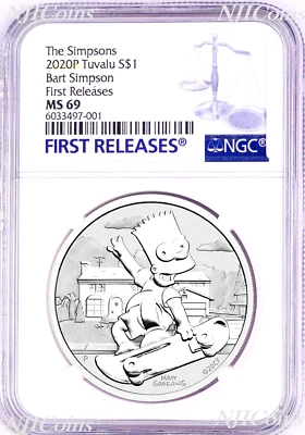 2020 Bart Simpson Simpsons $1 1oz .9999 Silver COIN NGC MS69 FR - Image 1 of 2