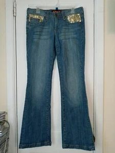 DOLLHOUSE Hippie Boot Cut Jeans Blue Stretch Women's Size 11 Sequined Pockets - Picture 1 of 10