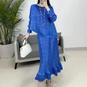Women Pleated Casual Irregular Long Sleeved Top Half Skirt 2Pc Set Loose Set - Picture 1 of 17