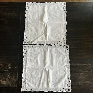 2 Vintage White Battenburg Cut Out  Lace Linen 16” Square Pillow Shams