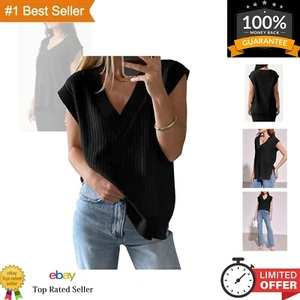 Womens V Neck Sweater Vest Oversized Ribbed Knit Sleeveless Casual Loose Fit ... - Picture 1 of 7