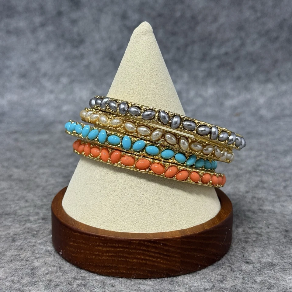 Kenneth Jay Lane KJL Bangles Bracelets Set Cabochan Turquoise Coral Silver Pearl - Image 1 of 4