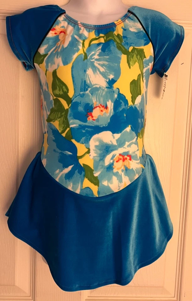 GK FIGURE SKATE CHILD SMALL BLUE VELVET CAP SLV NATTE TRICOT FLORAL PRINT DRESS - Image 1 of 4