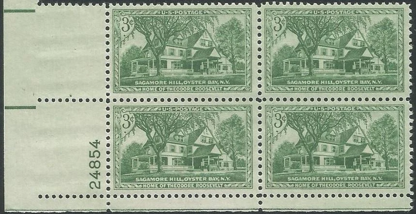 Plate Block of 4 stamps - Scott 1023 - 3 cent - Sagamore Hill - 1953 - MNH - Image 1 of 1