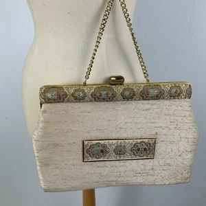 1960s Faye Mell Design Purse White Silk Handbag Brocade Trim Gold Chain Handle  - Picture 1 of 12