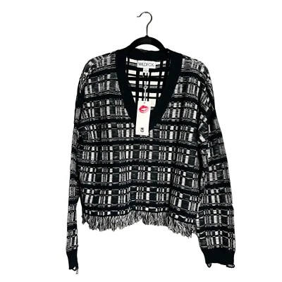 Новый с Ярлыками Wildfox Reese Ritzy бахрома кромки свитер в черно-белый v-образным вырезом размер большой - Изображение 1 из 4