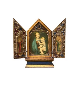 Antique Italian Florentin Religious Triptych Virgin and Child Gilded Wood 1930s - Picture 1 of 12