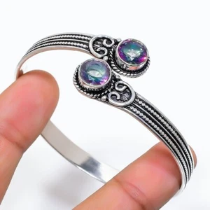Mystic Topaz Gemstone 925 Sterling Silver Jewelry Cuff Bracelet Size 7-8" - Picture 1 of 1