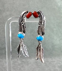 Vintage BF Turquoise Coral Earrings Leaf Tendril Feathers Sterling Multi Navajo - Picture 1 of 11