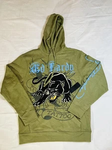 Ed Hardy Hoodie Mens Medium Green Tattoo Panther Graphic Pullover Sweatshirt New - Picture 1 of 7