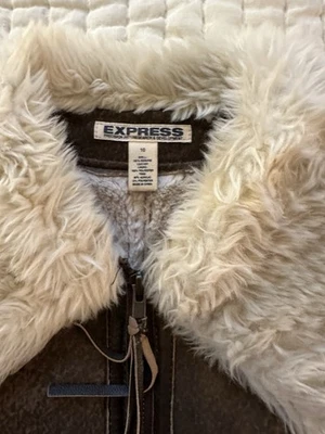 Express Suede Leather Faux Shearling Lined Dark Tan Womens 10 Jacket - Image 1 of 4